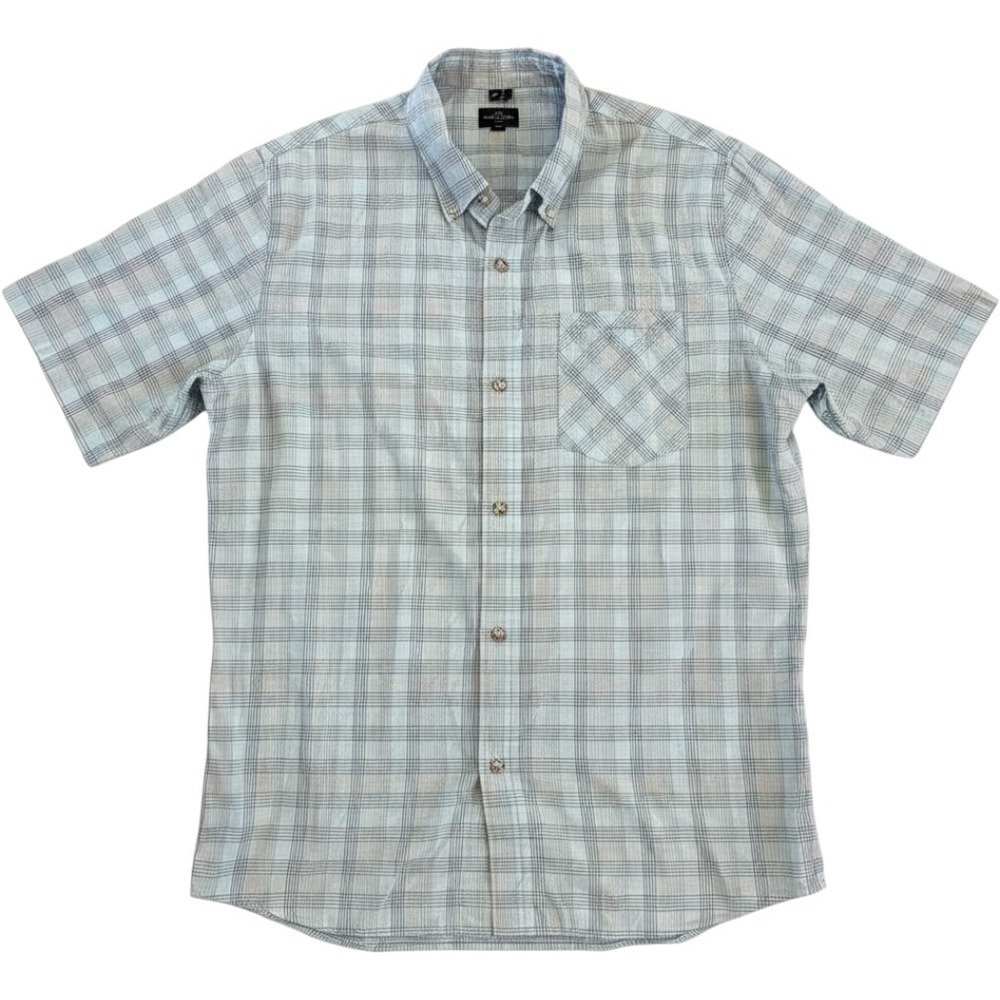 Rusty Mens XL Short Sleeve Button Down Shirt Plaid Blue Grey Embroidered Back‎